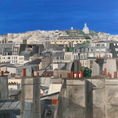 Painting titled "Vue sur les toits…" by Marie France Garrigues, Original Artwork, Oil Mounted on Wood Stretcher frame