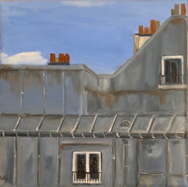 Painting titled "balade sur les toit…" by Marie France Garrigues, Original Artwork, Oil Mounted on Wood Stretcher frame
