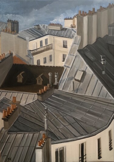 "Vue sur les toits (…" başlıklı Tablo Marie France Garrigues tarafından, Orijinal sanat, Petrol Ahşap Sedye çerçevesi üzerin…