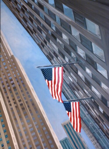 Painting titled "Love America" by Marie France Garrigues, Original Artwork, Oil Mounted on Wood Stretcher frame