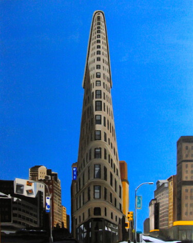 Painting titled "The Flatiron Vendue" by Marie France Garrigues, Original Artwork, Oil Mounted on Wood Stretcher frame