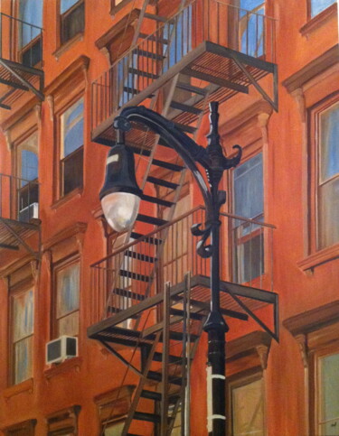 「Fire escapes on fro…」というタイトルの絵画 Marie France Garriguesによって, オリジナルのアートワーク, オイル ウッドストレッチャーフレームにマウント