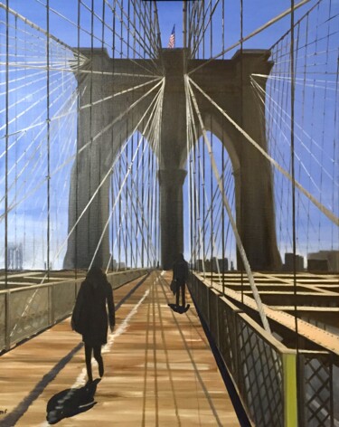 Painting titled "Le Brooklyn bridge" by Marie France Garrigues, Original Artwork, Oil Mounted on Wood Stretcher frame