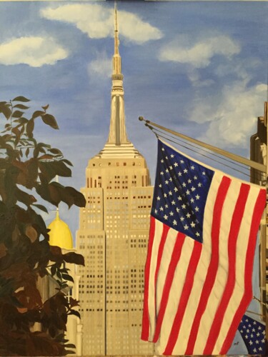 Painting titled "L'Empire State Buil…" by Marie France Garrigues, Original Artwork, Oil Mounted on Wood Stretcher frame