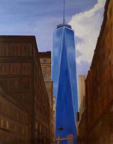 Schilderij getiteld "Le WTC" door Marie France Garrigues, Origineel Kunstwerk, Olie Gemonteerd op Frame voor houten brancard