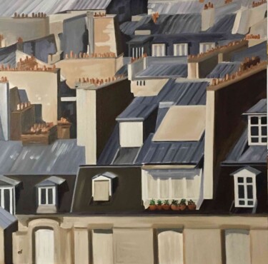 Painting titled "vue-sur-les-toits-(…" by Marie France Garrigues, Original Artwork, Oil Mounted on Wood Stretcher frame