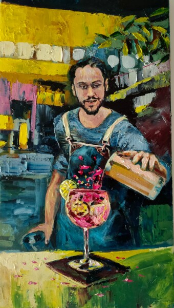Painting titled "Barman au fond jaune" by Marie-France Vuille-Dit-Bille (Marie-France), Original Artwork, Oil