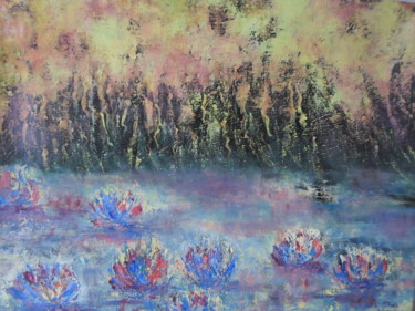 Painting titled "Lac aux nénuphars" by Marie-Françoise Gallone, Original Artwork, Acrylic Mounted on Wood Stretcher frame