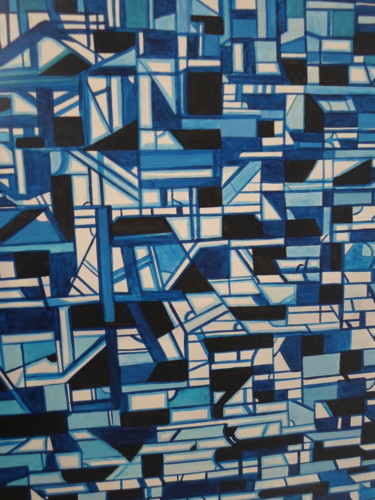 Painting titled "géométrie bleue" by Marie-Françoise Gallone, Original Artwork, Acrylic Mounted on Wood Stretcher frame