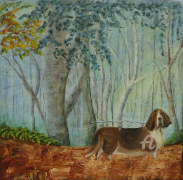 Schilderij getiteld "Mon Basset Hound" door Marie Kerjean, Origineel Kunstwerk, Acryl