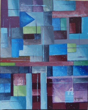 Painting titled "damier-bleu" by Marie Kerjean, Original Artwork, Acrylic