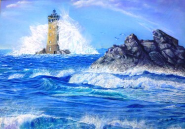 Tekening getiteld "Tempête au phare du…" door Marie-Françoise Le Néen, Origineel Kunstwerk, Pastel