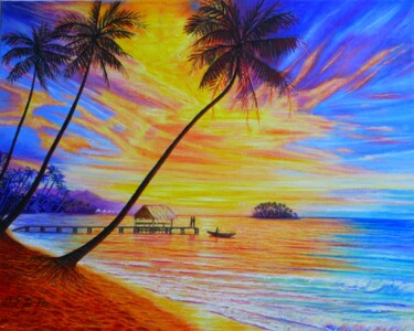 Painting titled "Rêveries paradisiaq…" by Marie-Françoise Le Néen, Original Artwork, Pastel Mounted on Wood Stretcher frame