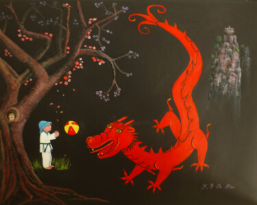 Pittura intitolato "bébé dragon deviend…" da Marie-Françoise Le Néen, Opera d'arte originale, Gouache
