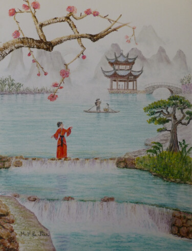 Drawing titled "paysage chinois" by Marie-Françoise Le Néen, Original Artwork, Pastel