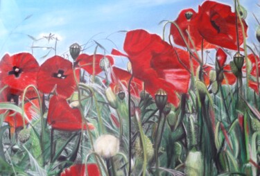 Peinture intitulée "Champ de coquelicots" par Marie-Françoise Le Néen, Œuvre d'art originale, Pastel