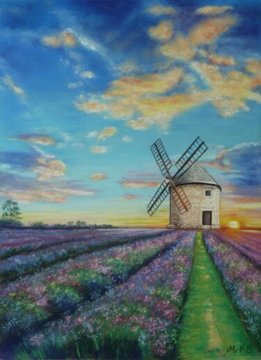 Rysunek zatytułowany „Moulin provençal” autorstwa Marie-Françoise Le Néen, Oryginalna praca, Pastel