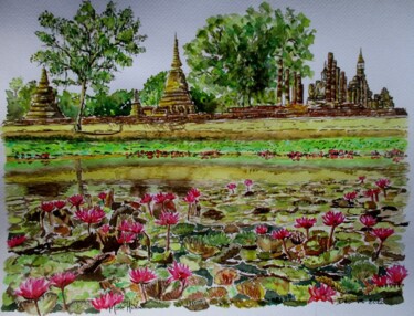 Malerei mit dem Titel "Temple de Wat Mahat…" von Bilitis, Original-Kunstwerk, Aquarell