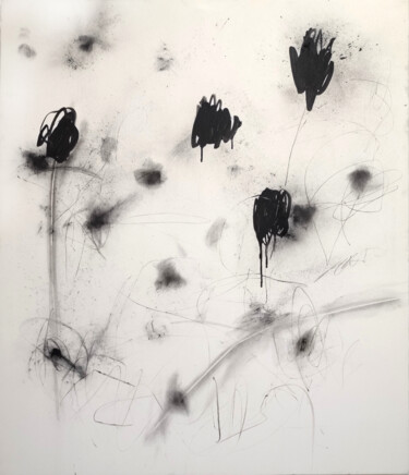 Schilderij getiteld "Fleurs noir et blanc" door Marie-José Domenjoz, Origineel Kunstwerk, Acryl