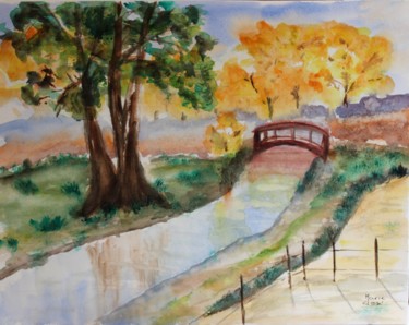 Le petit pont de bois Peinture intitulée "Le petit pont de bo…" par Marie-José Longuet, Œuvre d'art originale, Aquarelle