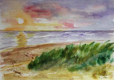 Painting titled "Coucher sur la mer" by Marie-José Longuet, Original Artwork, Watercolor