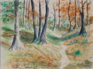 Pintura intitulada "Forêt d'automne" por Marie-José Longuet, Obras de arte originais, Aquarela