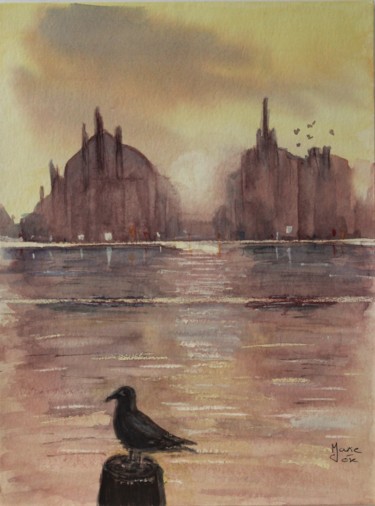 Schilderij getiteld "Venise au coucher" door Marie-José Longuet, Origineel Kunstwerk, Aquarel