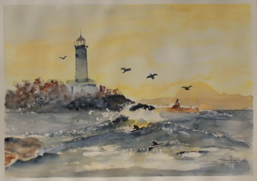 Painting titled "Le phare d'Anglet" by Marie-José Longuet, Original Artwork, Watercolor