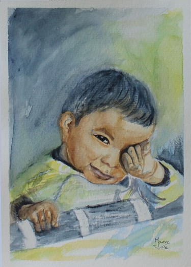 Malerei mit dem Titel "Regard d'enfant" von Marie-José Longuet, Original-Kunstwerk, Aquarell