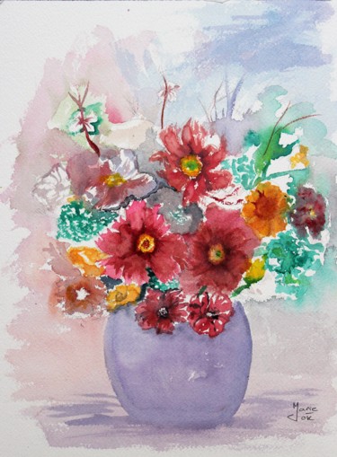 Bouquet de fleurs dans un vase Peinture intitulée "Bouquet de fleurs d…" par Marie-José Longuet, Œuvre d'art originale, Aquarelle