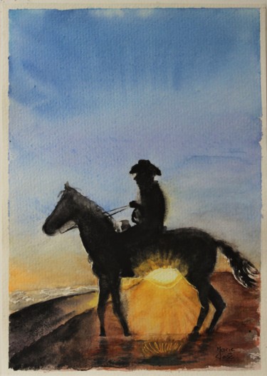 Pittura intitolato "cow-boy au soleil l…" da Marie-José Longuet, Opera d'arte originale, Acquarello