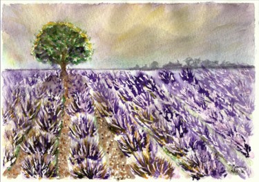 Painting titled "Champ de lavande" by Marie-José Longuet, Original Artwork, Watercolor