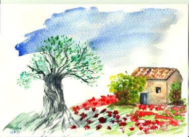 Peinture intitulée "Mas Provençal" par Marie-José Longuet, Œuvre d'art originale, Aquarelle