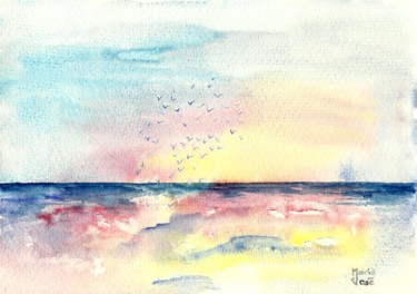 Peinture intitulée "Oiseaux au crépuscu…" par Marie-José Longuet, Œuvre d'art originale, Aquarelle