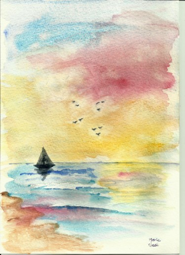 Painting titled "Voilier au crépuscu…" by Marie-José Longuet, Original Artwork, Watercolor