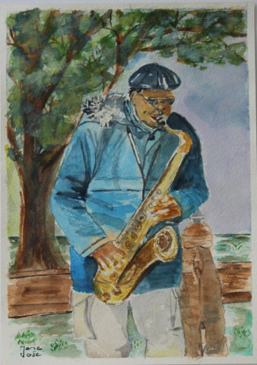 Schilderij getiteld "Le Saxophoniste" door Marie-José Longuet, Origineel Kunstwerk, Aquarel