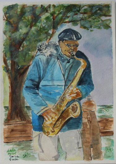 Painting titled "Le Saxophoniste" by Marie-José Longuet, Original Artwork, Watercolor