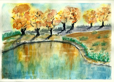 Peinture intitulée "Reflets d'automne" par Marie-José Longuet, Œuvre d'art originale, Aquarelle