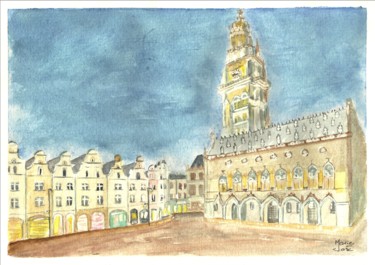 Peinture intitulée "Nuit à Arras . Plac…" par Marie-José Longuet, Œuvre d'art originale, Aquarelle