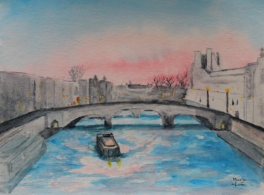 Malerei mit dem Titel "Paris . La Seine au…" von Marie-José Longuet, Original-Kunstwerk, Aquarell
