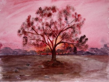 Painting titled "Arbre au coucher du…" by Marie-José Longuet, Original Artwork, Watercolor