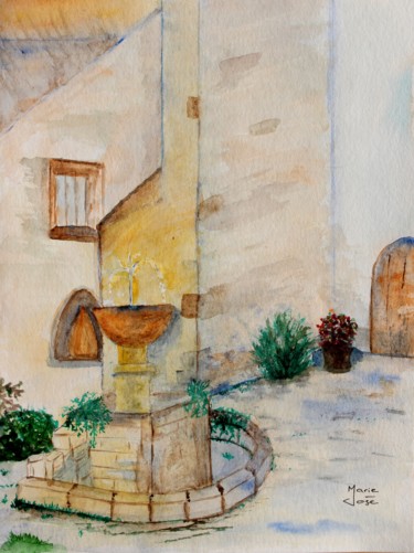 Malerei mit dem Titel "La vieille fontaine" von Marie-José Longuet, Original-Kunstwerk, Aquarell