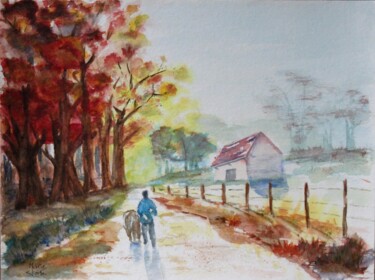 Painting titled "Promenade" by Marie-José Longuet, Original Artwork, Watercolor