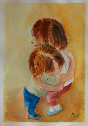 Painting titled "Gros calin" by Marie-José Longuet, Original Artwork, Watercolor