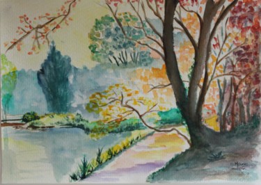 Painting titled "Paysage d'automne" by Marie-José Longuet, Original Artwork, Watercolor