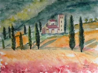 Painting titled "Cypres en Toscane" by Marie-José Longuet, Original Artwork, Watercolor