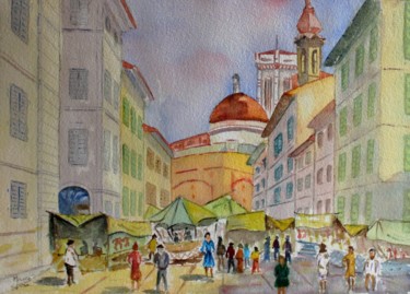 Painting titled "Marché à Florence" by Marie-José Longuet, Original Artwork, Watercolor