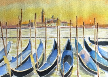 Malerei mit dem Titel "Venise au coucher d…" von Marie-José Longuet, Original-Kunstwerk, Aquarell