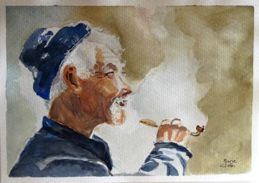 Painting titled "Vieil homme" by Marie-José Longuet, Original Artwork, Watercolor