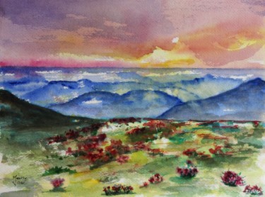 Schilderij getiteld "Paysage de montagne" door Marie-José Longuet, Origineel Kunstwerk, Aquarel